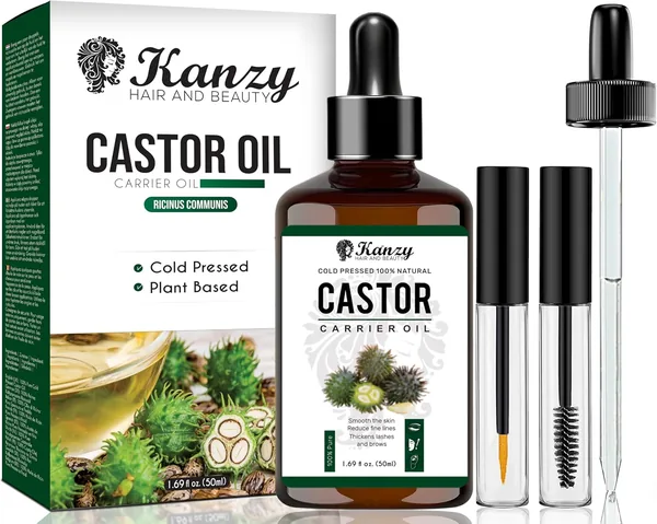 Kanzy Castor Olie voor Wimpers en Wenkbrauwen 50 ml, Koudgeperst voor Haargroei, 100% Natuurlijk en Zuiver, Met Borstels