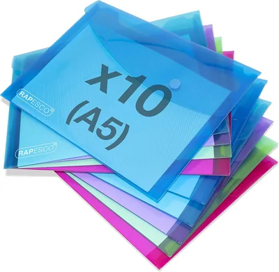 Poche à popper Rapesco 1679 ÉCO recyclée, A5, paquet de 10 | Couleurs transparentes variées