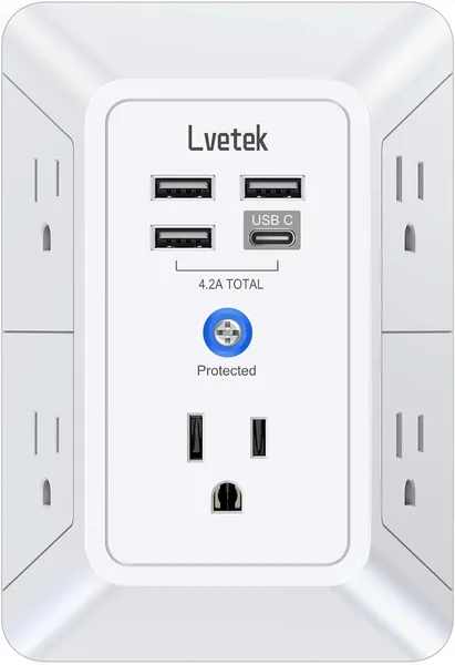 5 Outlet Extender Multi Plug Wall Outlets with 4 USB Charging Ports (1 USB C Outlet), 3 Sided 1680J Surge Protector Power Strip