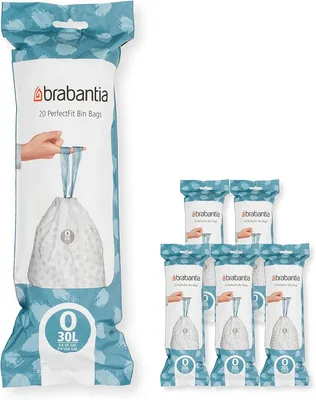 Brabantia Müllbeutel PerfectFit Multipack, Weiß, Code O, 120 Tüten | Mehrpackung mit Zuglaschen, Dickes Plastikmüllsäcke