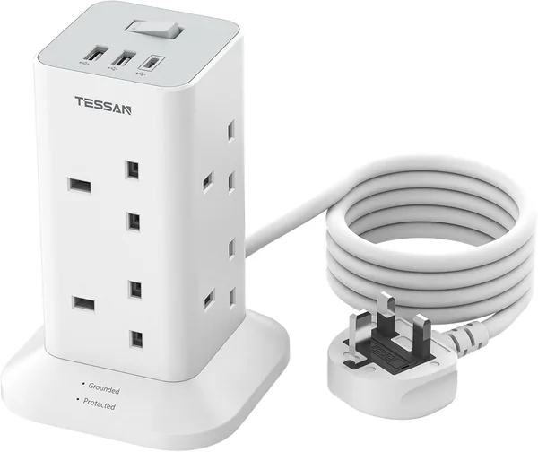 TESSAN Tower Extension Lead with USB C Slots, 8 Way Plug Extension Socket with Switch, Surge Protect
