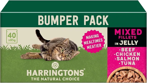 Harringtons Complete Wet Pouch Grain Free Hypoallergenic Adult Cat Food Mixed in Jelly Pack 40x85g - Beef, Chicken, Salmon & Tuna