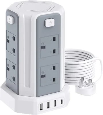 Tower Extension Lead 3M (3250W 13A) Extension Tower 8 AC Outlets & 4 USB Ports, Surge Protection Ext