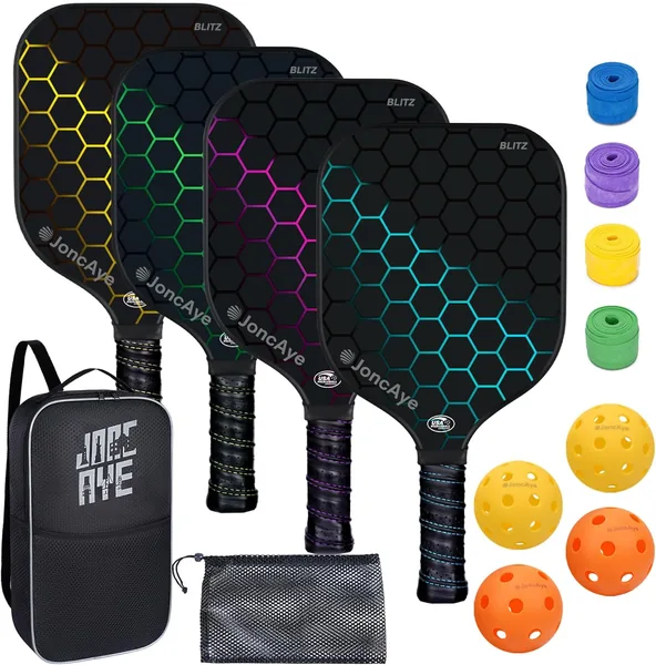 JoncAye Pickleball Paddles Set of 4 or 2, USAPA Approved Fiberglass Rackets with Outdoor Indoor Balls, Bag, Overgrip, Lightweight for Family, Professional Equipment for Beginners I