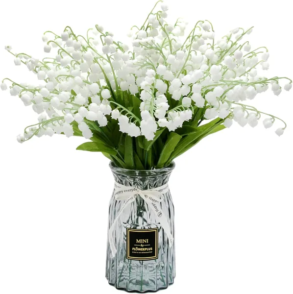 Hananona 12 Pcs Artificial Lily of The Valley Faux White Bell Flowers Wind Chime Orchid Wedding Bouquet, May Flower for Home