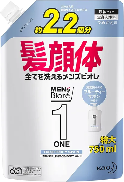 Men's Biore ONE All-in-One Full Body Wash, Fruity Savon Scent, Large Capacity Refill