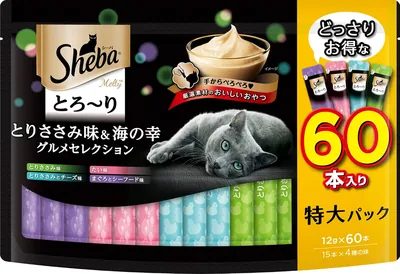 Sheba メルティー トリーツ 大人猫用、チキンフィレ風 & オーシャンデライト グルメセレクション 0.42oz (12g) x 60ピース、キャットフード