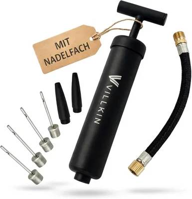 Villkin Ballpumpe mit Nadelaufbewahrung im Griff - 4 Metallnadeln, 2 Kunststoffaufsätze, 1 Flexibler Schlauch - Luftpumpe