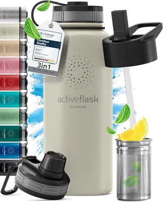 Butelka do picia ze stali nierdzewnej ACTIVE FLASK + słomka (3 pokrywki) bez BPA, szczelna, odporna na dwutlenek węgla