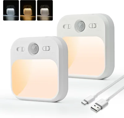 AmmToo Nachtlicht mit Bewegungssensor, USB-C Ladepack mit 2 Lampen | Dimmbares Nachtlicht in Warmweiß