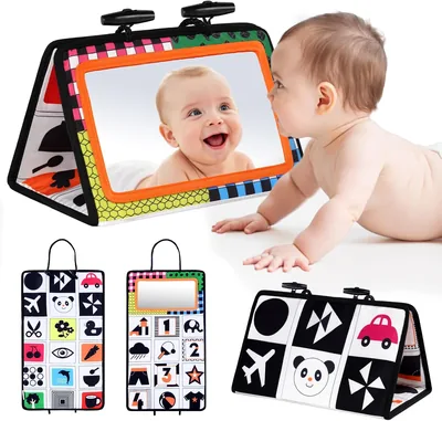 Vicloon Tummy Time Belly Play Mirrormat, Svart-vit Aktivitetsmat med Spegel för Baby Sensorytoys