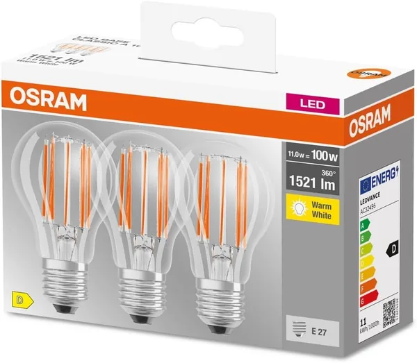 Osram LED Base Classic A100 Clear Filament LED Glass Bulbs for E27 Socket