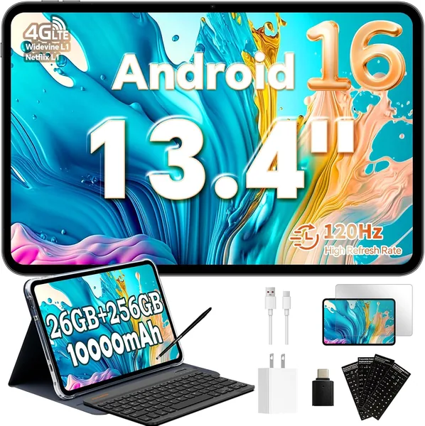 TECLAST T65 13,4 pouces Android 16 Tablet, écran 120Hz, 2 SIM 4G LTE, batterie 10000mAh, 26Go RAM + 256Go stock, Tablet avec clavier et stylus, écran tactile