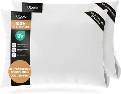 Cuscini Impermeabili Utopia Bedding, Set di 2 Federe con Zip, Certificati Oeko-TEX