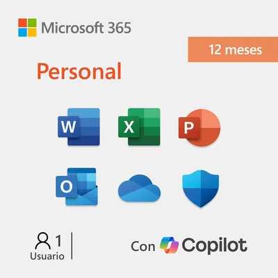 Microsoft 365 Personal | Suscripción 12 Meses | 1 Usuario | Descuento 20% (MXN 1479.20)