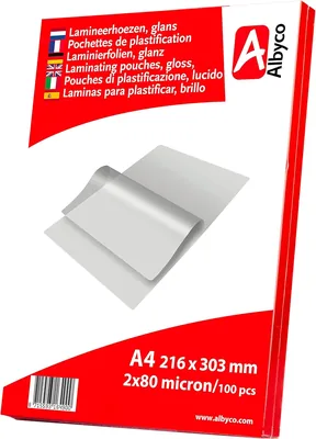 Pouches de laminage Albyco - A4 (216 x 303 mm) - Épaisseur 2 x 80 (160) microns, brillant - Paquet de 100 - Plastique