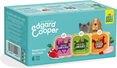 Edgard & Cooper - Nourriture humide pour chien sans céréales, multipack 6x100g (Poulet, Agneau et Jeu), viande fraîche et riche en protéines, hypoallergénique