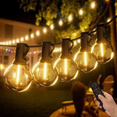 Yuucio Luces de Cadena Exterior Dimmable 30 M con Control Remoto, 50 + 2 Bombillas LED G40, Luces de Cadena Impermeables