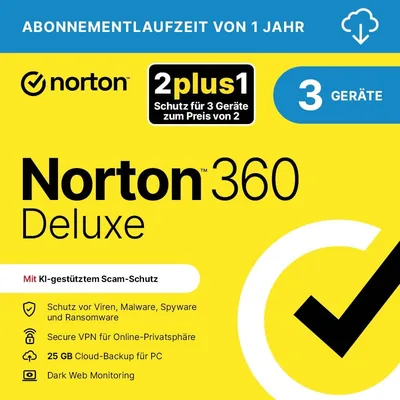 Norton 360 Deluxe 2022 | 3 Geräte | 1 Benutzer | 1 Jahr | PC/Mac/Mobil | Aktivierungscode per E-Mail