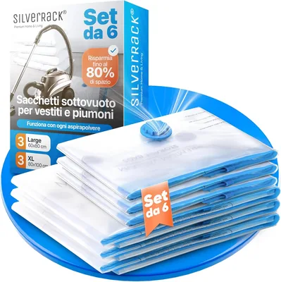 Busta per Aspirapolvere SilverRack [6 Pezzi] in 2 Misure (3 x 60 x 80 cm / 3 x 80 x 100 cm) - per Vestiti e Coperte