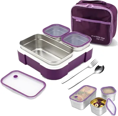 GGEROU Stainless Steel Lunch Box, Insulated 720ML 3-Compartment Bento Box with Tableware and Bag
