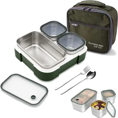 GGEROU Stainless Steel Lunch Box for Kids with Insulated Tableware Bag