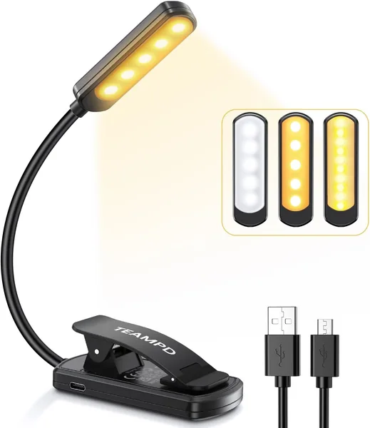 TEAMPD 10 LED Reading Light, 3 Bright Colors Eye Protection, Adjustable Brightness, USB Rechargeable, 12H Battery Life, Flexible Clip for Reading, Painting, Travel