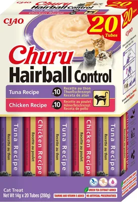 INABA Churu Hair Ball Snack voor Katten om Haarballen te Vermijden - Tonijn en Kippenvlees Smaak, 20 Sticks x 14 g - Kattevoeding met Omega