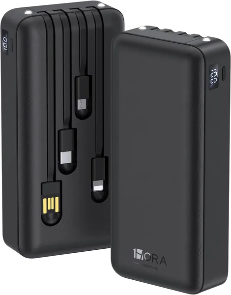 Batería portátil 1 Hora Power Bank 20000mAh con cables USB incorporados, compatible con IP, Samsung y Xiaomi - Negro (12% de descuento)