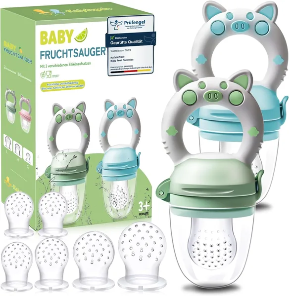 Baby Fruit Pacifier - Baby Pacifier for Fruit, 2 Anti-Choke Feeder + 8 Silicone Teats (3 Different Sizes), Things for Babies Teether Fruit, Blue+Green