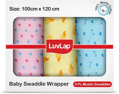 LuvLap 100% Cotton Muslin बच्चे का स्वैडल सेट, 32% ऑफ़ - आकार 120cm x 100cm (47"x39"), डॉट्स हार्ट प्रिंट, 0-18 महीने+