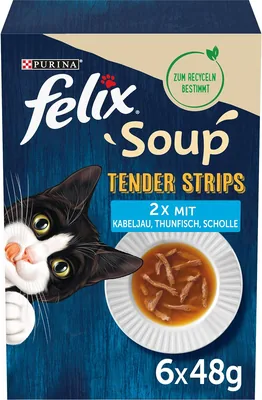 FELIX Soup Tender Strips für Katzen, Mischung aus verschiedenen Sorten im Wasser, Packung mit 6 (6 x 48 g) | Katzen-Suppe, Vielfalt