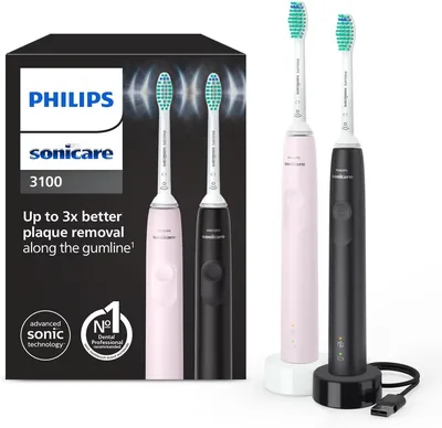 Philips Sonicare 3100 Elektrisk Tändborster, Sonik Tänd, Trycksensor och Timmer, Sugrros och Black, Dubb Paket, HX36