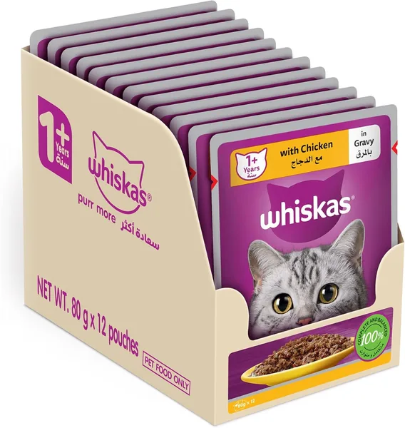 Whiskas Chicken in Gravy, Wet Cat Food Pouch, Adult Cats, Flavor Lock Pouch, 80g x 12 Pack