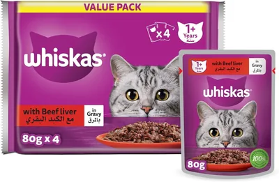 Whiskas بط طازج نكهة اللحم - عبوة من 4 أكياس 80 جم، أفضل سعر