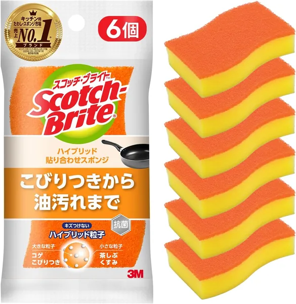 3M Kitchen Sponge, Scratch Resistant, Antibacterial, Hybrid, Orange, 6 Piece