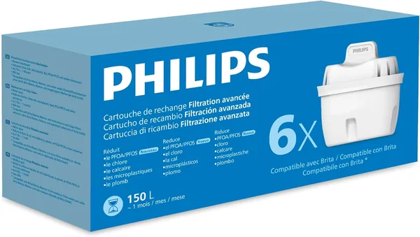 Philips Water Replacement Water Filter Cartridges Advanced Filtration, Pack of 6 Filters, Reduces MICROPLASTIC, CHLORINE, CAL, HEAVY METALS, BRITA Compatible