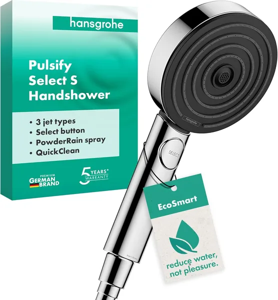 Hansgrohe Pulsify Select S Water-Saving Shower Head 9 l/min (EcoSmart), Hand Shower with 3 Jet Types (Relaxation Version), Round