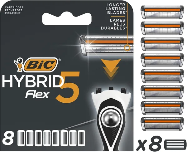 Bic Hybrid 5 Flex Men's Razor med 5 Movable Nano-Tech Titanium Blade - Box 8 Kartridder, Schwarz/Vit