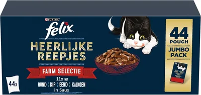 FELIX Original Katvoer, Selectie van Mixen, Waardepakket, 44 Maaltijdzakken, Jelly Stukjes, 4 Lekkere Smaken, 100% Volledig Nat Voedsel