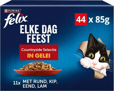 FELIX Every Day Party Katensnack Landelijk Keuze Value Pack, 44 Maaltijdzakken, Zacht Gelatine, 4 Lekkere Smaken, 100%