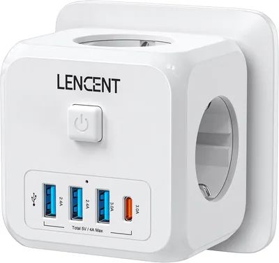 Enchufes LENCENT Cubo 4000W, 7 en 1, 3 CA, 3 USB y 1 Tipo C, Enchufe Multiple para Pared