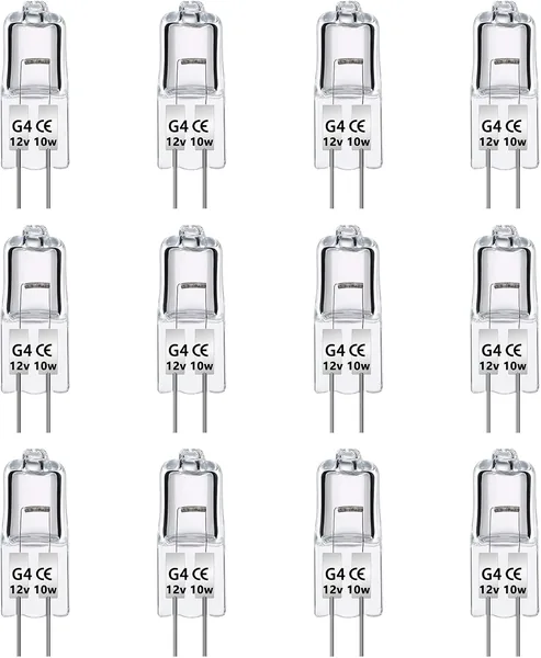 12 Pieces Halogen G4 Bulb 10W 12V T3 Dimmable 140LM Warm White 2700K G4 Halogen Bi-Pin Capsule Base Clear 360 Beam Angle for Kitchen Cooker Hood Ceiling Lights