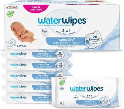 WaterWipes Sensitive+ Bebevippar & Babyvipp 360 Stk (6 Paket), 3-i-1 Rensa, Sörja & Skyddar 99.9% Va