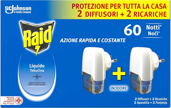 Raid Electric Liquid Antimosquito Common and Tiger, Odourless, Convenient Size, Pack of 2 Diffusers and 2 Refills, 60 Nights