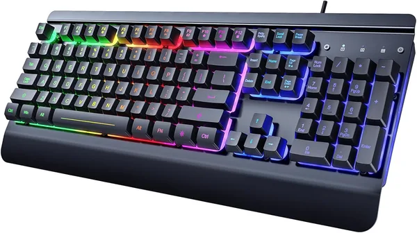 Gaming Keyboard, 104 Keys All-Metal Panel, Dacoity Rainbow LED Backlit Quiet Computer Keyboard, Wrist Rest, Multimedia Keys, Anti-ghosting Keys, Waterproof Light Up USB Wired Keybo