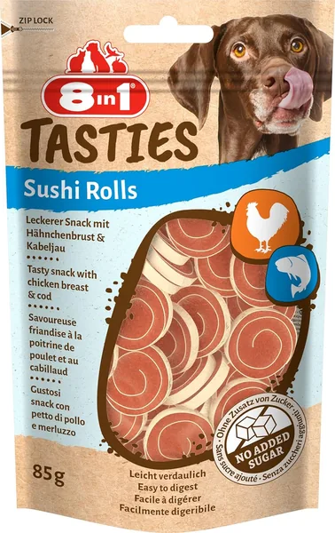 8in1 Tasties Sushi Rolls pour Chiens sans Gluten avec du Cabillaud et de la Poitrine de Poulet - 85g - Meilleures Affaires