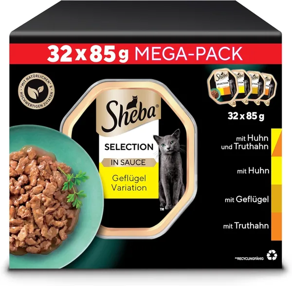 SHEBA Adult Wet Cat Food - 32 x 85 g Bowls - Poultry Variation in Sauce