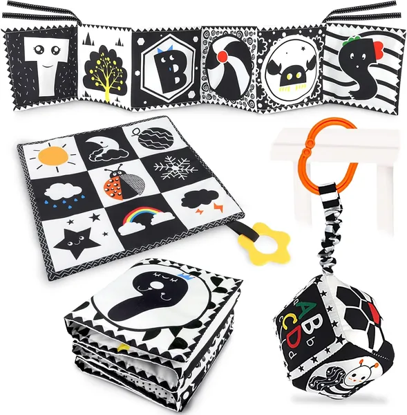 KUANGO 3 Pcs Black and White High Contrast Baby Toys
