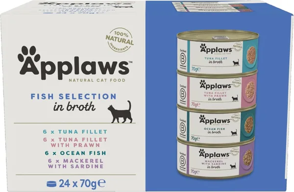 Applaws 100% Natural Wet Cat Food Mixed Selection Fish in Broth - 24 x 70g latas